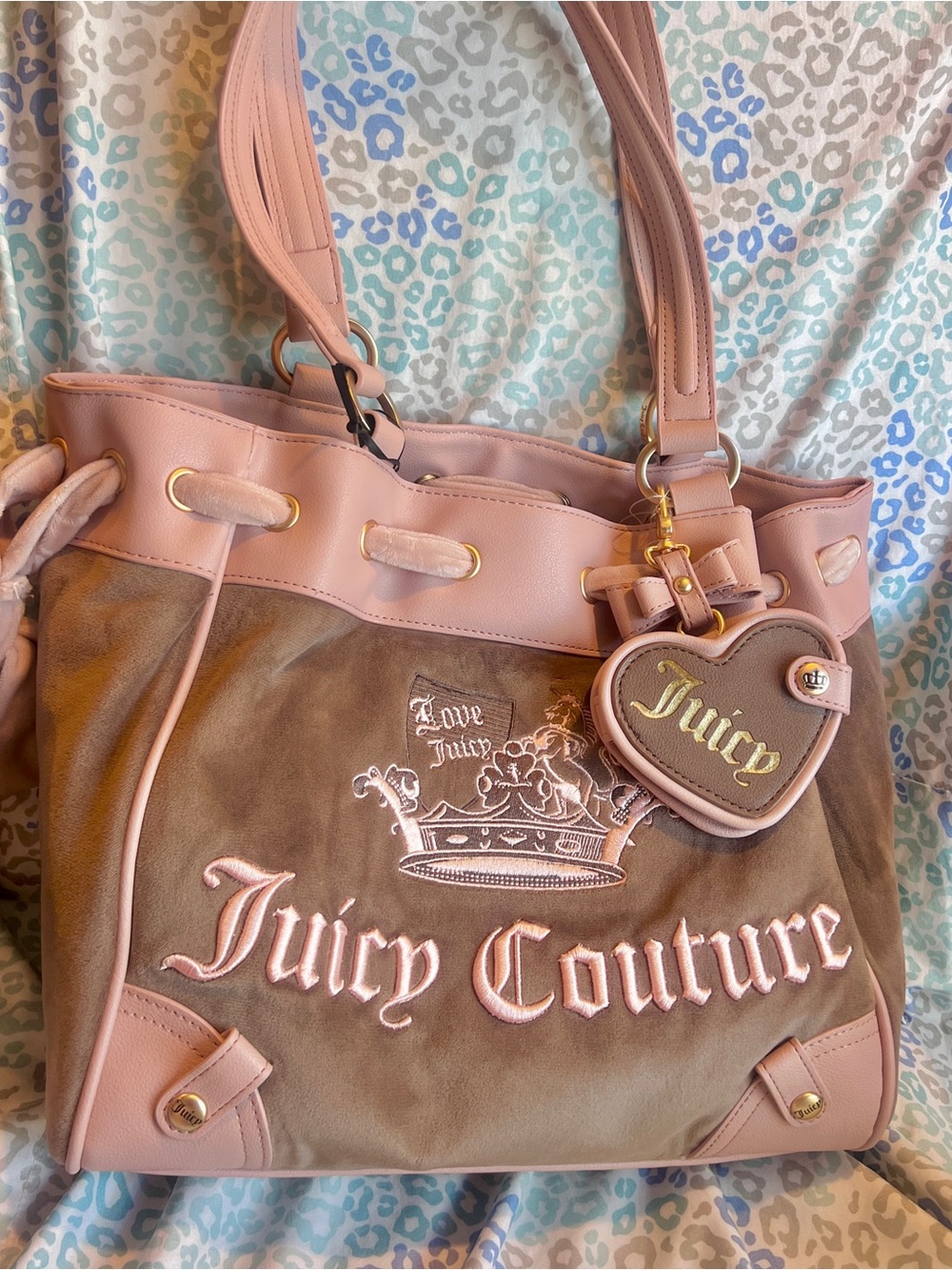 New Pink Tan Juicy Couture Purse Daydreamer Tote Bag Vintage Style Crown
